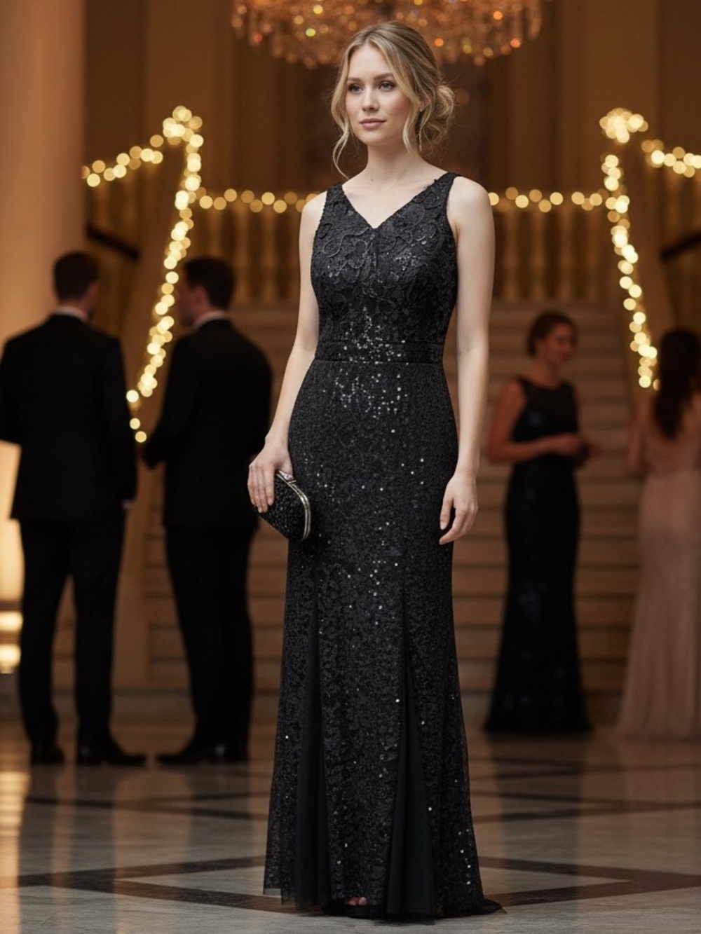 Adrianna Papell Sequins Lace Mesh Dress V Neck Sleeveless Black Size 6